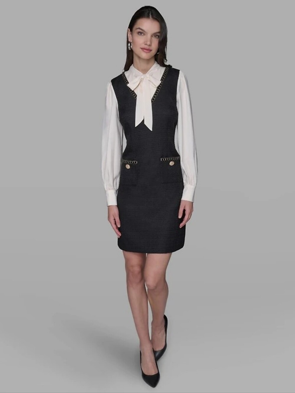 Karl Lagerfeld Birch And Black Tweed Look Professional Dress